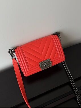 CHANEL Red Lambskin Boy Bag Small RHW